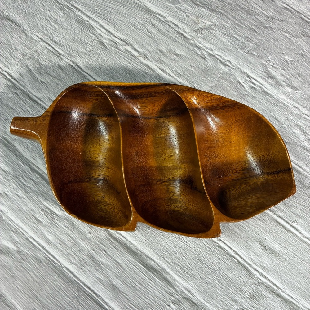 Vintage Hand Carved Monkey Pod Wood Divided Bowl Three Sections Nut Tray Dish